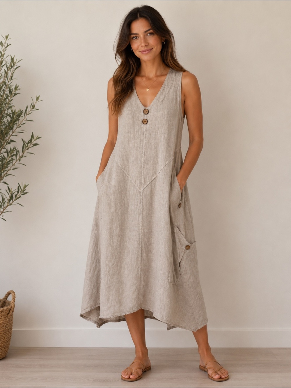 Beige V-Neck Linen Midi Dress with Pocket Detail